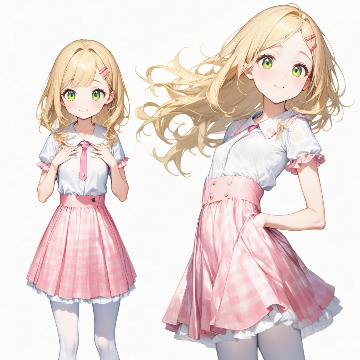 (Full Body Shot:0.5), (alone:1.5), (Standing), 
(Masterpiece 1.0), (Highest quality), (High resolution), (Very detailed), (Best illustrations), Best Shadow, (so beautiful:0.9), (very cute), 

My Little Sister Can&#39;t Be This Cute, (kirinokousaka),  girl, 
Blonde, Long Hair, bangs, Hair Clip, Big eyes, Green Eyes,
smile, Shyness, Pitiful, 
Small breasts, Round Breasts, Iris, round face, Beautiful lip detail, 

Perfect limbs, Perfect Anatomy, Thin legs, Five perfect fingers, Big eyes, Iris, (slender), Tight waist, 
Delicate and smooth skin, Beautiful Skin, Textured skin, Attractive body, 
smile, 恥ずかしそうなsmile, 

Erotic, 
(White and pink girly dress), Frills, ribbon, (Pink tie), (A sheer light blue shirt), (Pink and white checkered pleated skirt), 
White cotton socks,(White Pantyhose), Knee-high socks, Pink heels, 

(White Background:2.2), (Light blue studio), 

Bright colors, Delicate fabrics, Attention to detail, Beautiful consideration, 
(from the front), 