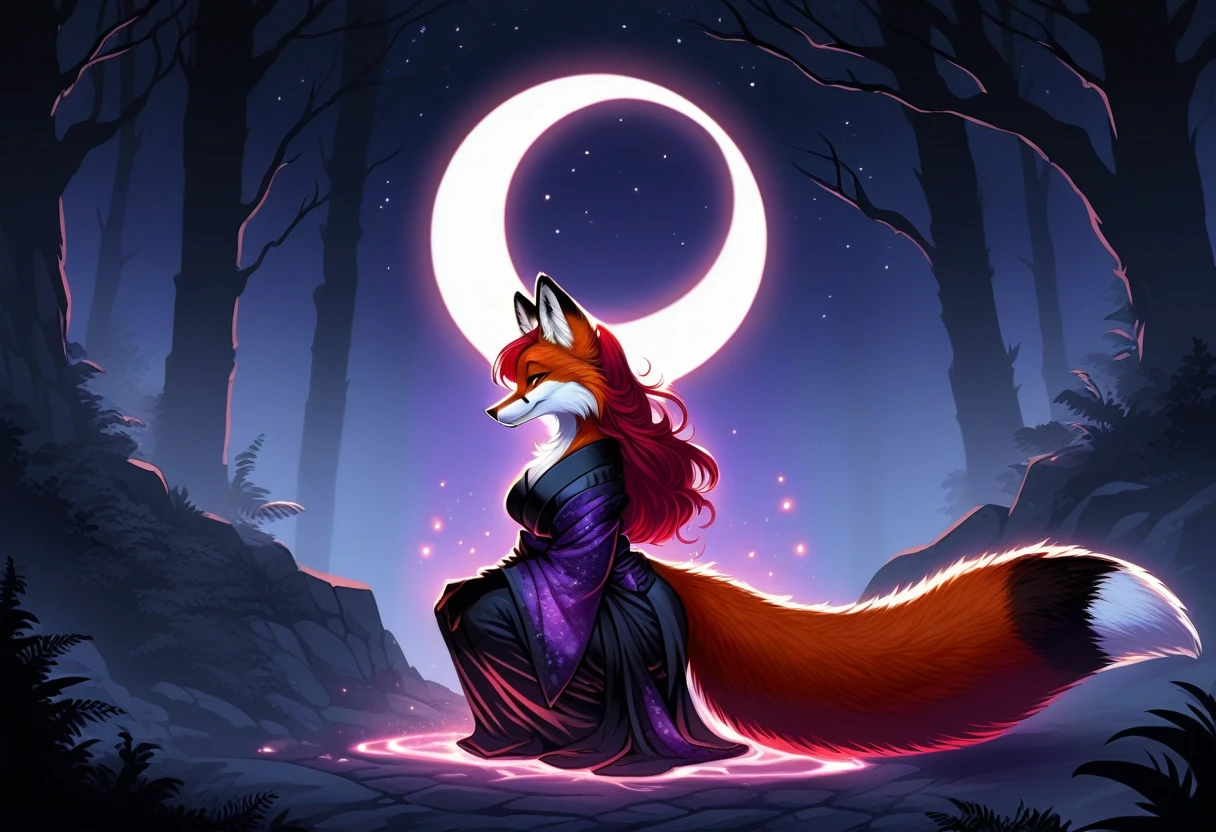 red fox, female, vixen, vibrant colors, gorgeous, majestic, beautiful, hair, scarlet hair, red hair, yellow eyes, smile, full body, night, moody, elegant, mysterious, highres, perfect artwork, absurdres, rzminjourney, vector-art, side view, moon, beautiful night sky, stars, black night sky, crouching, wearing a sexy and elegant magical yukata, sexy thigh highs, wearing thigh highs, red and black outfit, casting purple magic, purple flame, sexy body, voluptuous, waifu, in a forest