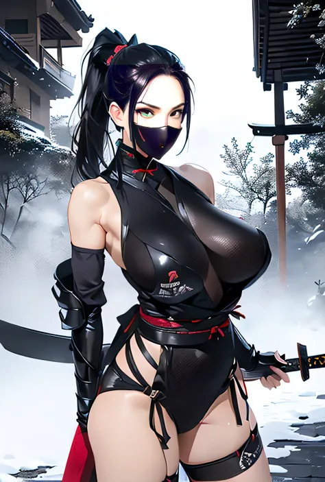 thirty-year-old woman, 170 cm tall, (((((classic female ninja))))), model-like beauty, perfect features, ((((wearing in black　ni...