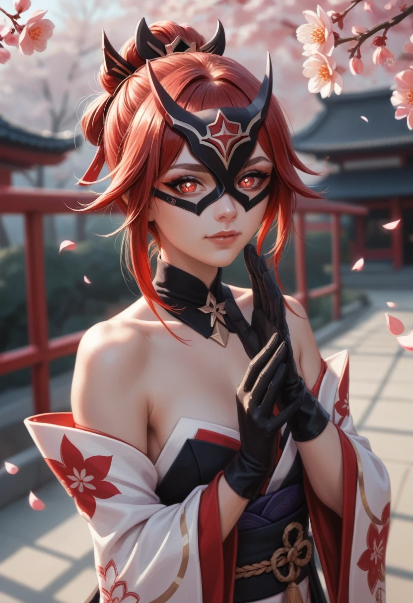 By personalami. sparkle \(honkai: star rail\),1girl,solo,gloves,mask,japanese clothes,black gloves,bare shoulders, black with red line hair, four flower petals pupils hot yandere red eyes