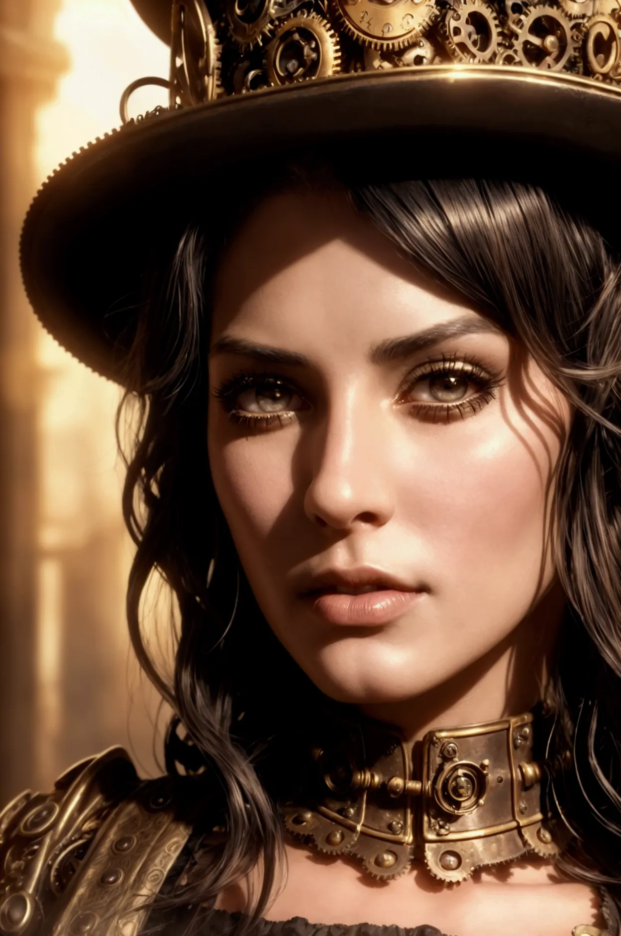 detailed steampunk saloon woman, beautiful detailed eyes, beautiful detailed lips, extremely detailed face, long eyelashes, intr...