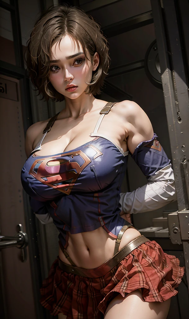 Beautiful woman short hair defined body big breasts, big thighs wearing a Supergirl cosplay