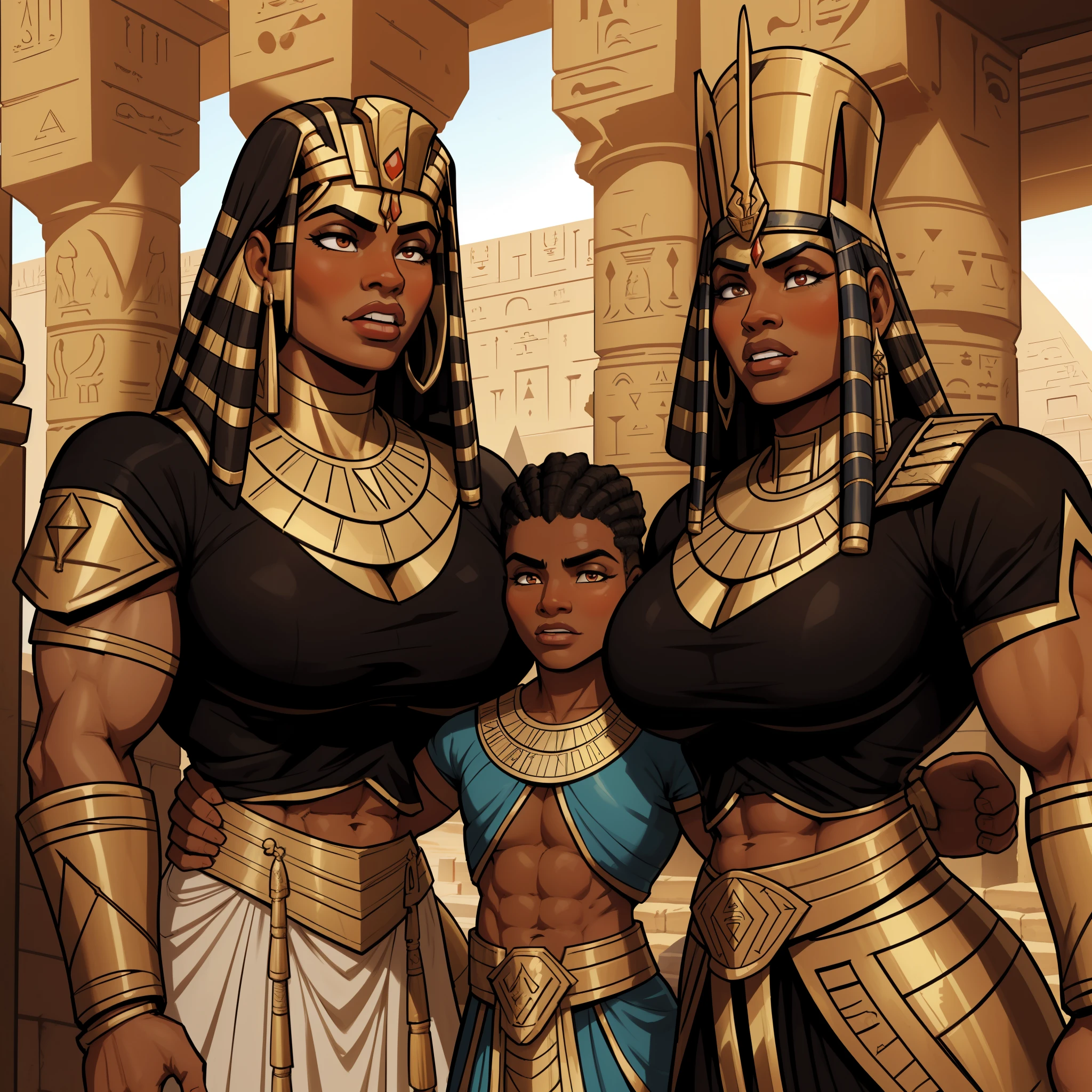 Very huge muscle female ancient egytpian warrior 2 female royal guards, protecting the pharaoh, with adoring look, extremely tanned, dark skinned, huge pecs, oiled skin, sunny, ancient egypt, pyramid on the background