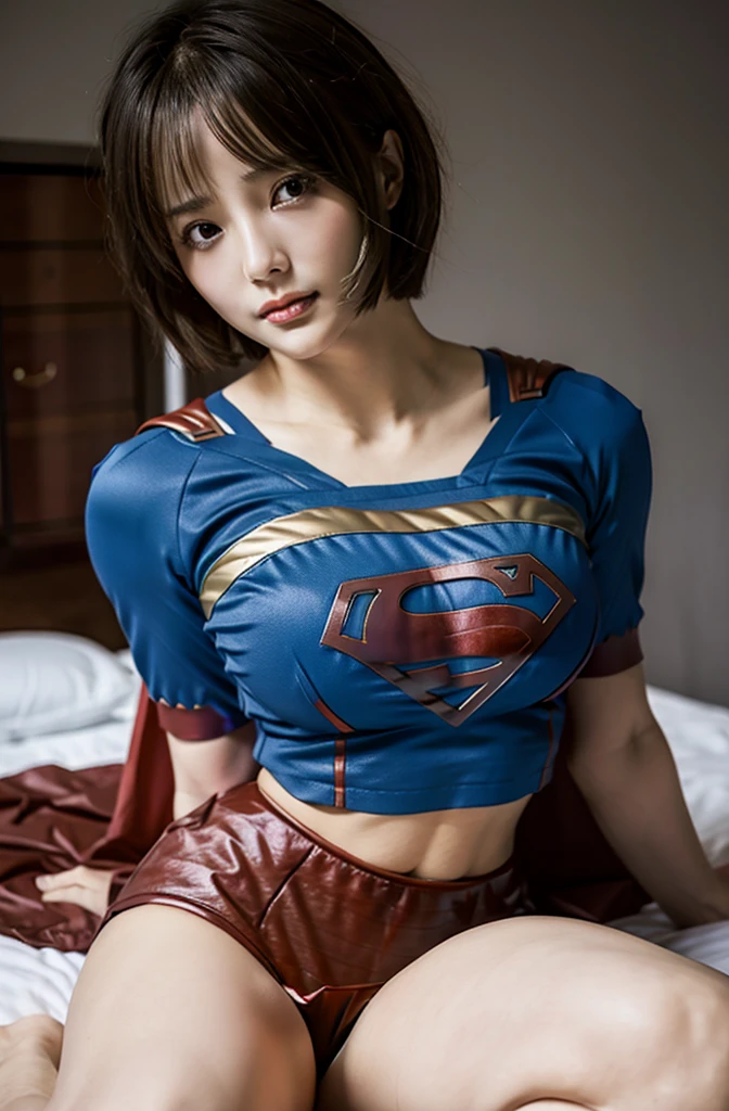 Beautiful woman short hair defined body big breasts, big thighs wearing a Supergirl cosplay