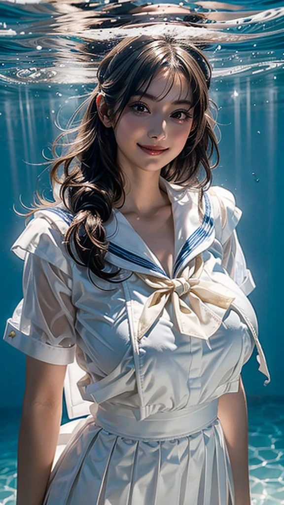 (See through:1.2),White Seraphim,Sailor suit, White Theme,school uniform, Sailor suit, View your viewers,  Insanity, Disheveled long hair, Beautiful attention to detail,Hair shines,Elevation,Blue sailor collar, Firm breasts,((Natural huge breasts:1.2)),A light smile,Partially underwater...