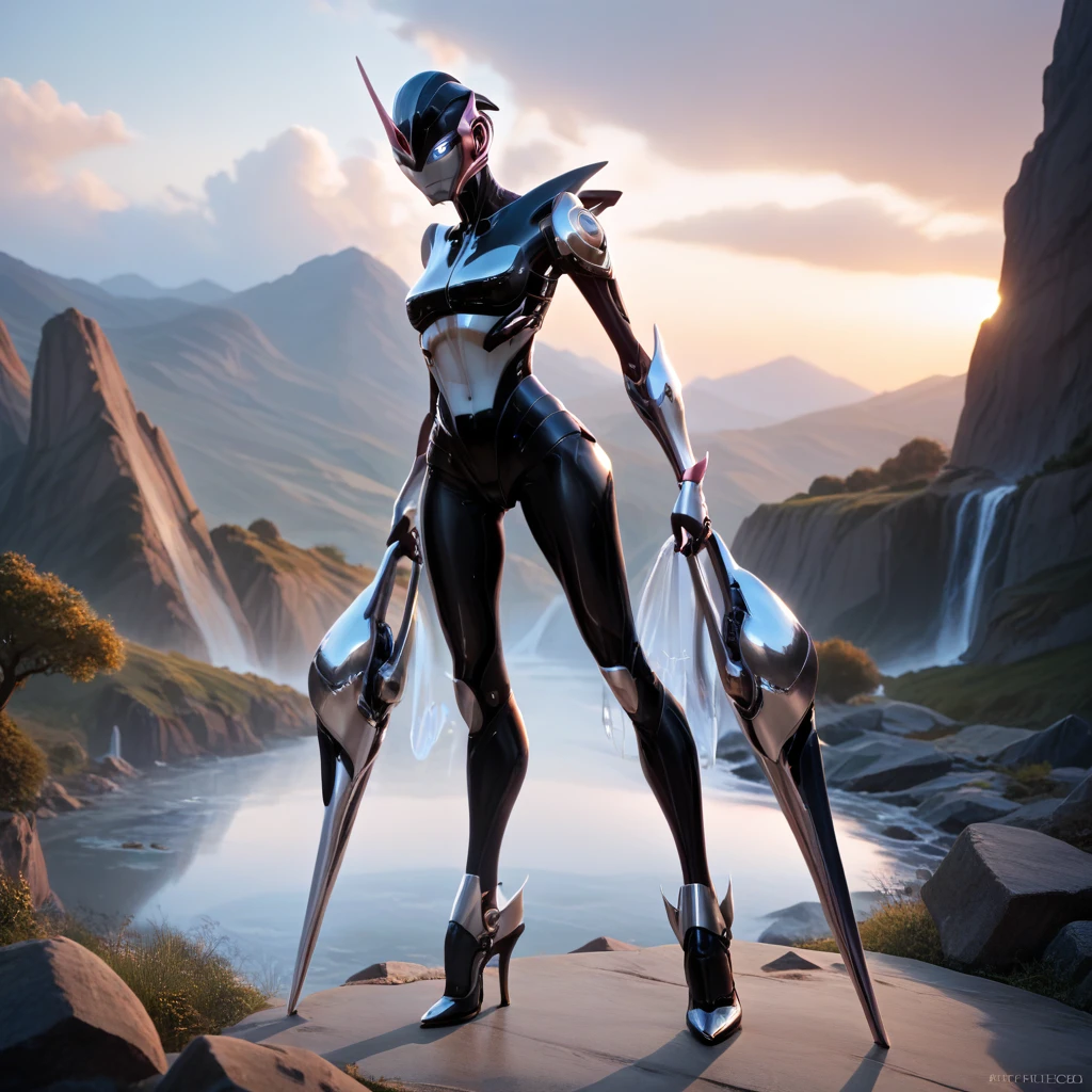 a uncanny feminine robot , highly skinny,long arms,long legs,big shoulder, beautiful glowing robotic eyes,full body,liquid reflecting metal and polished weird humanoid body, glossy metallic skin, advanced machinery alien parts, dynamic pose, dramatic lighting, landscape background, cinematic composition, 8k, high resolution, masterpiece