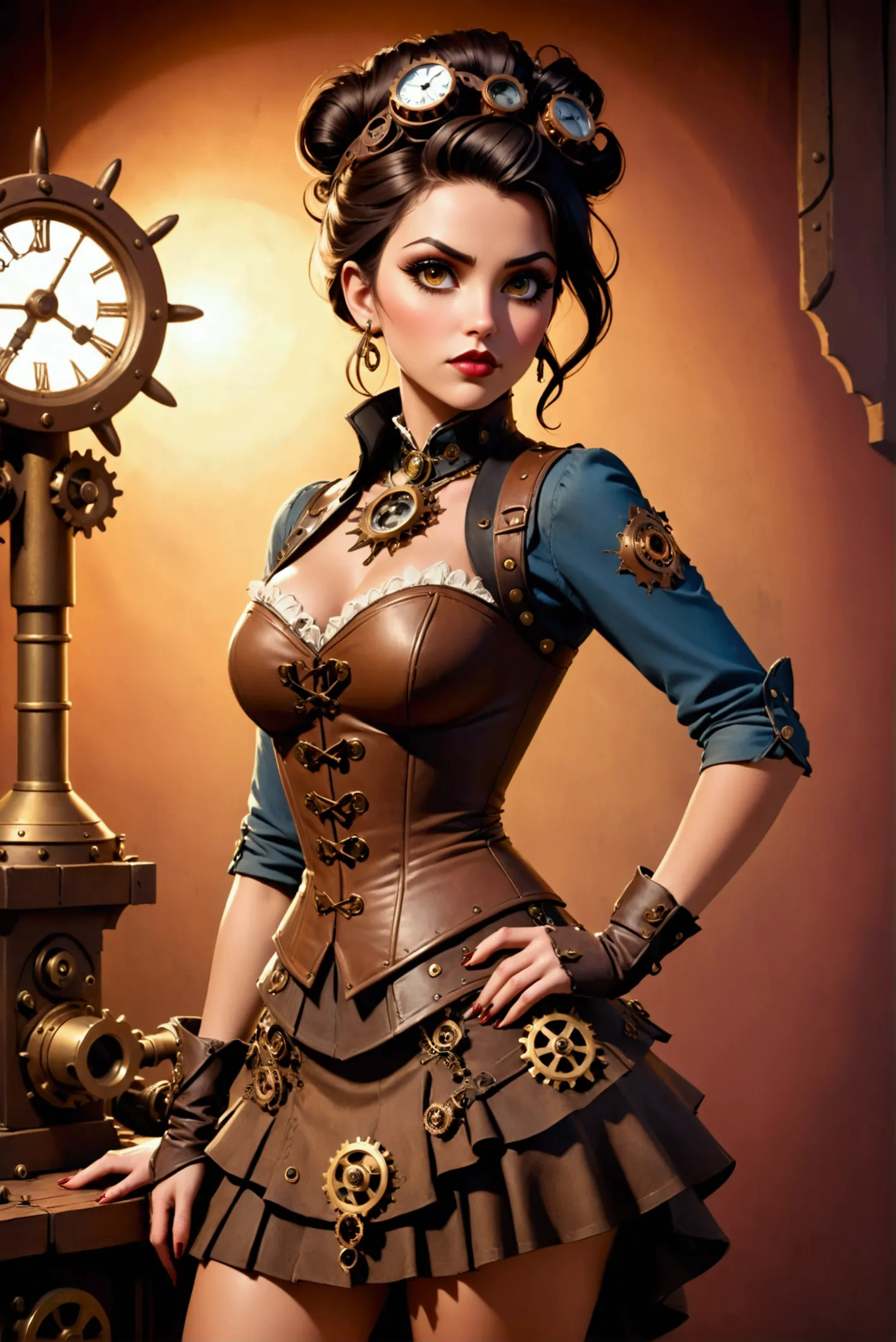 detailed steampunk saloon woman, beautiful detailed eyes, beautiful detailed lips, extremely detailed face, long eyelashes, intr...