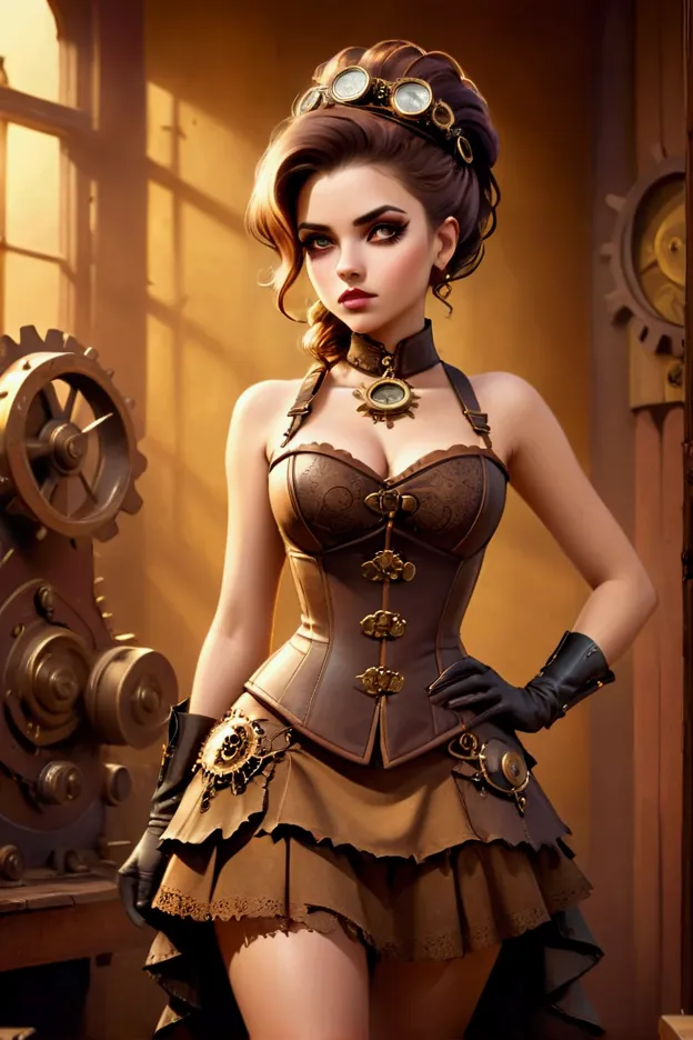 detailed steampunk saloon woman, beautiful detailed eyes, beautiful detailed lips, extremely detailed face, long eyelashes, intr...