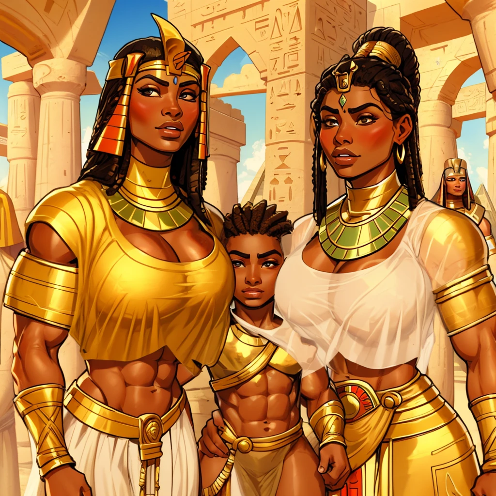 Very huge muscle female ancient egytpian warrior 2 female royal guards, protecting the pharaoh, with adoring look, extremely tanned, dark skinned, huge pecs, oiled skin, sunny, ancient egypt, pyramid on the background