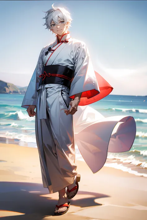 1male, adult male, grey colored eyes, white hair, beach, sandals, smile, chinese outfit, standing on beach