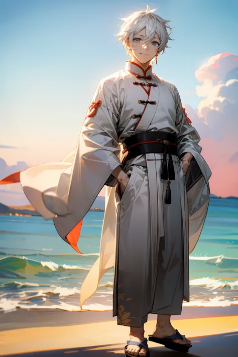 1male, adult male, grey colored eyes, white hair, beach, sandals, smile, chinese outfit, standing on beach