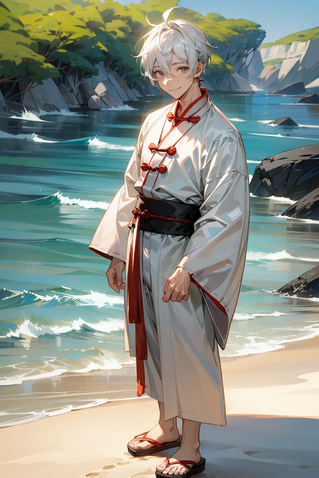 1male, Adult Male, Grey Colored Eyes, White Hair, Beach, Sandals, Smile, Chinese Outfit, Standing on Beach