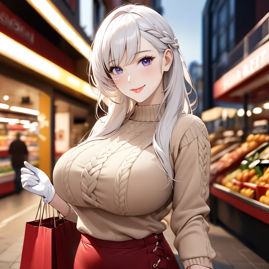 A woman wearing a light brown sweater, red skirt, red heels, white hair, long hair, big breasts, purple eyes, smiling, holding grocery bags, outside a supermarket, perfect lips, perfect face, perfect eyes, standing posture, blurred background,,(Azur_lane, HMS_Belfast.).UHD, masterpiece, accurate, anatomically correct, textured skin, super detail, high quality, best quality, 8k, high resolution, bokeh effect.(solo woman),white gloves, realistic, close view.
