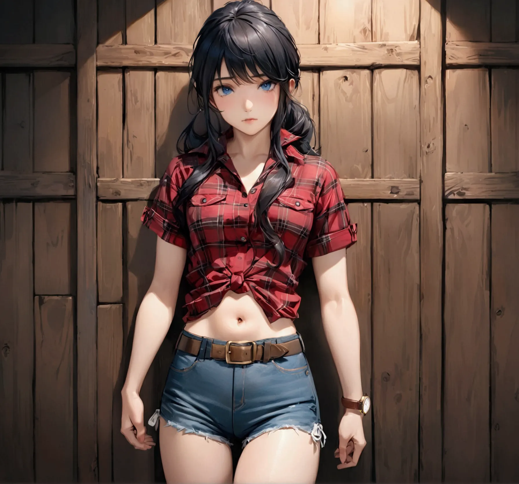 woman with long black hair, blue eyes, an athletic body, red plaid tight short sleeve cowgirl shirt, watch, navel exposed, denim...