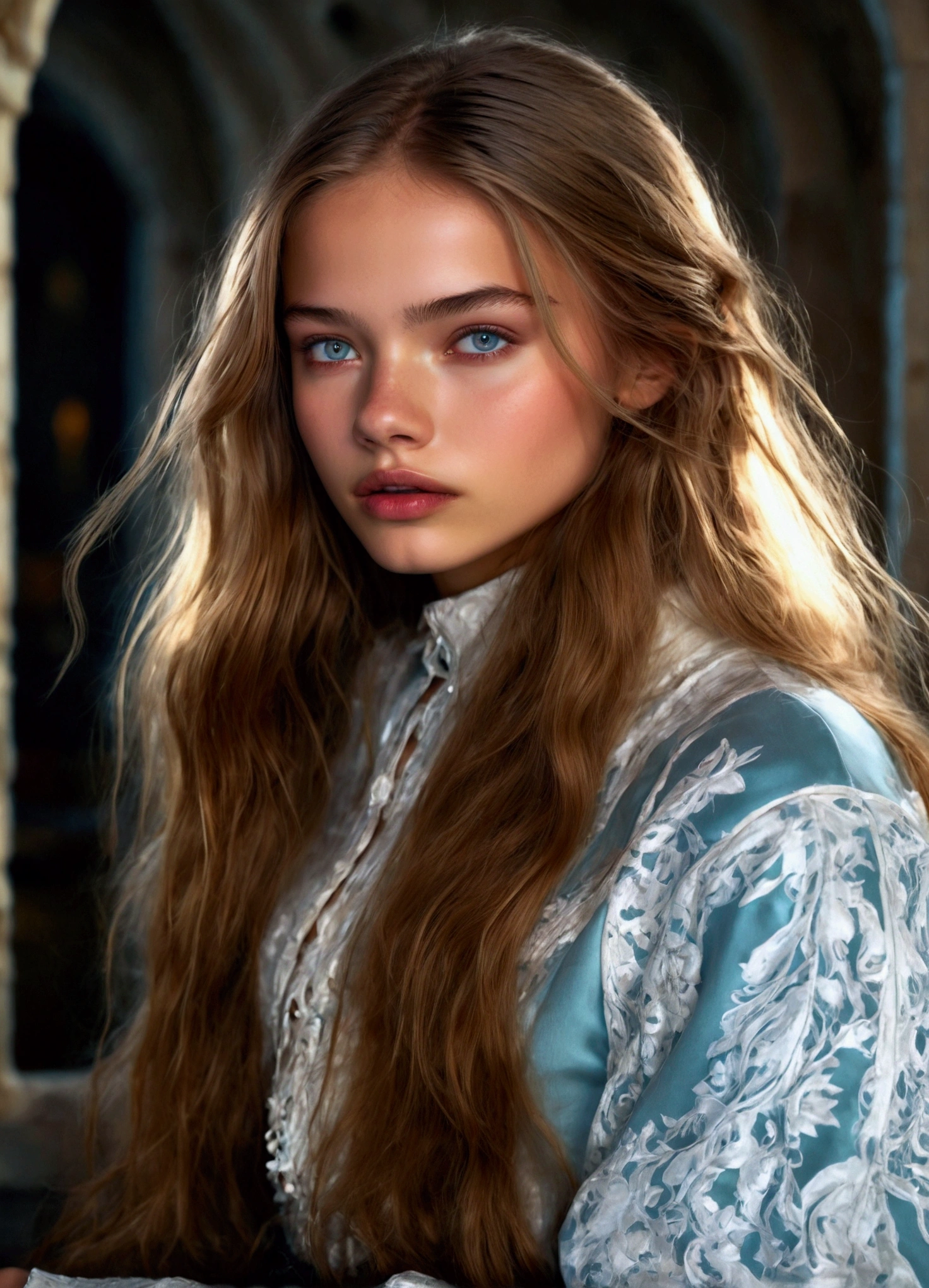 a very beautiful mature teenage girl, european fashion model, long silky smooth hair, detailed beautiful eyes, elegant facial features, high fashion clothing, dramatic lighting, intricate details, cinematic composition, muted color palette, photorealistic, 8k, ultra-detailed, masterpiece, high quality