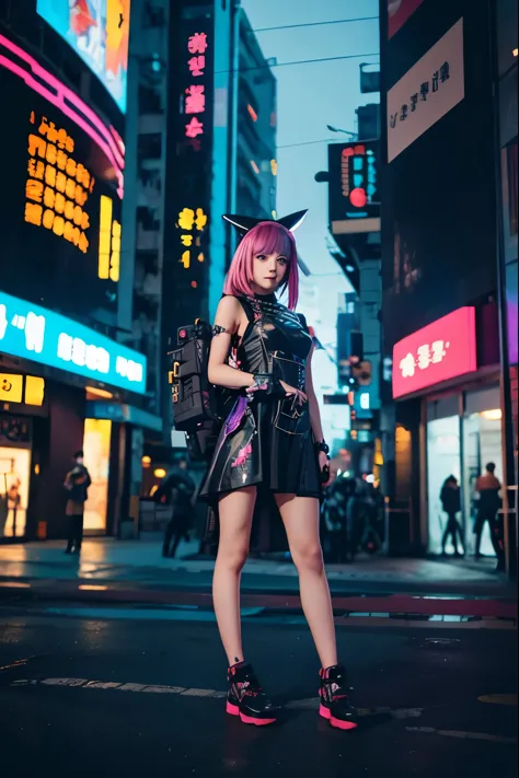 anime girl in a dress and headband standing in front of a building, digital cyberpunk anime art, digital cyberpunk - anime art, ...