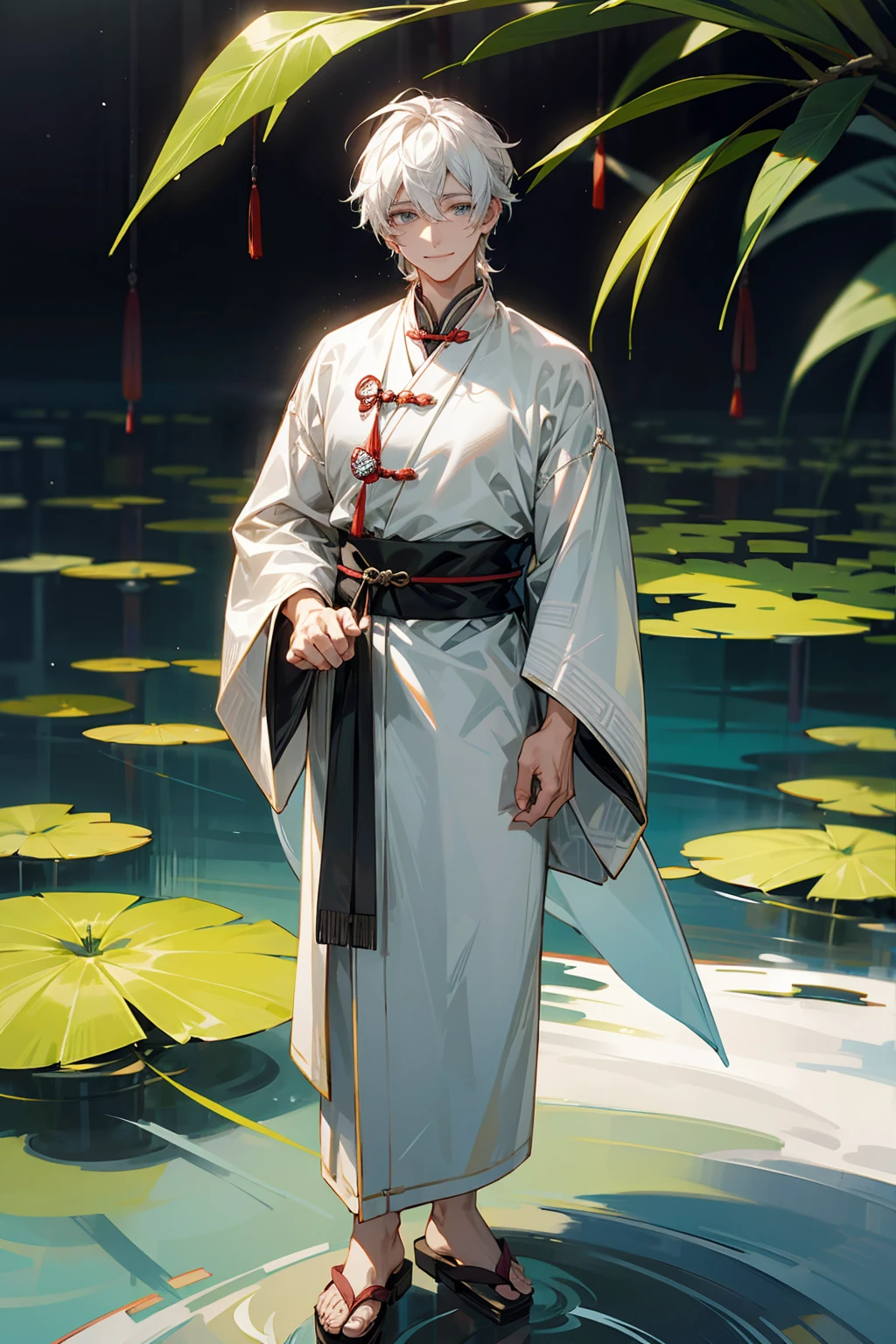 1male, Adult Male, Grey Colored Eyes, White Hair, Sandals, Smile, Chinese Outfit, Standing On Pond