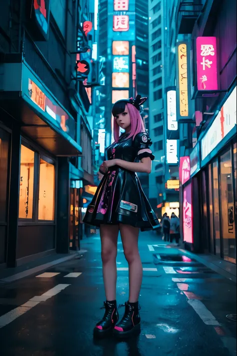 anime girl in a dress and headband standing in front of a building, digital cyberpunk anime art, digital cyberpunk - anime art, ...