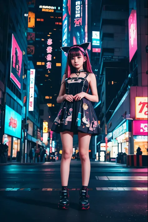 anime girl in a dress and headband standing in front of a building, digital cyberpunk anime art, digital cyberpunk - anime art, ...