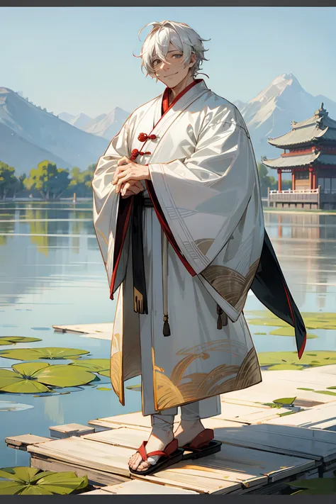 1male, wrinkled skin ,old male, grey colored eyes, white hair, sandals, smile, chinese outfit, standing on pond