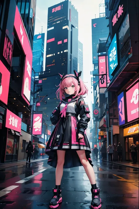 anime girl in a dress and headband standing in front of a building, digital cyberpunk anime art, digital cyberpunk - anime art, ...