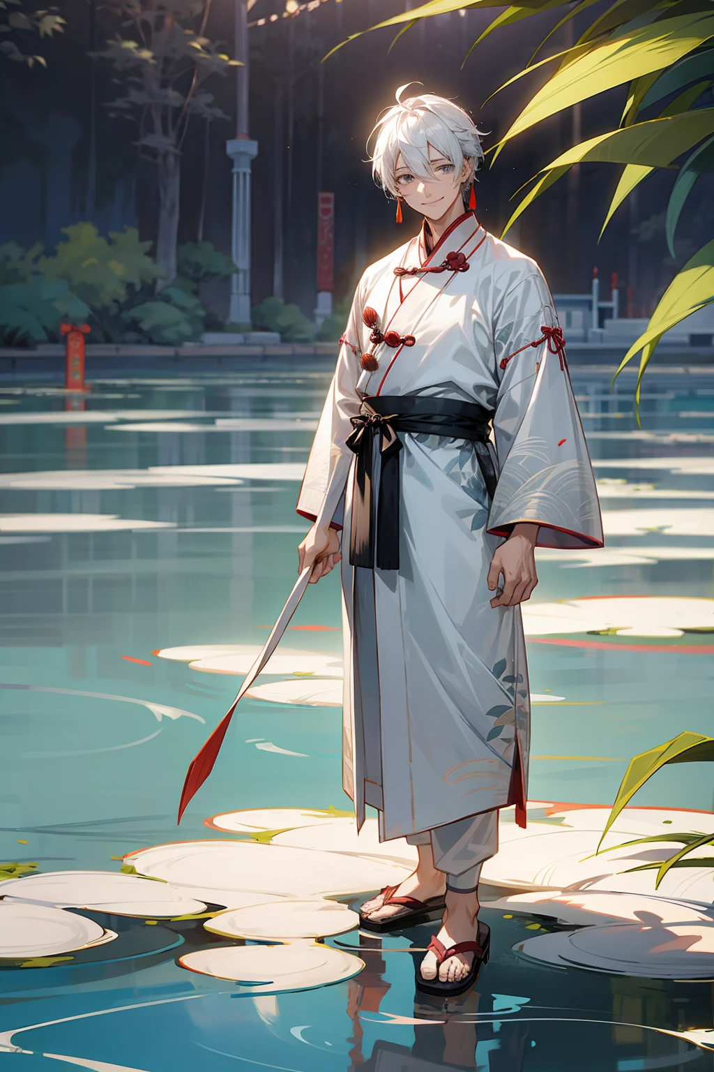 1male, Adult, Grey Colored Eyes, White Hair, Sandals, Smile, Chinese Outfit, Standing On Pond