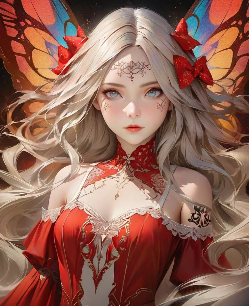 A close-up realistic and artistic portrait painting of a fairy she has a long vibrant sky blue wavy hair styled in loose curls with bangs framing her forehead, adorned with a red floral bow, serene and contemplative expression, next to her right eye there is a small detailed butterfly wing tattoo, featuring intricate black and white patterns with sparkling accents and fine lines resembling veins, The tattoo, consists of delicate black lines forming the wings, with small white dots representing scales. Small white decorative elements resembling flowers, arrows, or tiny branches extend from the wings, creating a sense of depth, wearing a red dress with off-the-shoulder sleeves featuring white lace trim and ruffles with intricate designs, A ribbon is tied into a bow at the center front of the dress, which has a deep V-neckline., Her expression is calm and gentle The scene is set in an elegant room with walls and a matching curtain featuring subtle butterfly design, The lighting is soft and even, highlighting the subject's facial ,The overall composition is centered and balanced, creating a whimsical, enchanting, and inviting mood, 8k, photorealistic, trending on ArtStation .by Galr Dfh