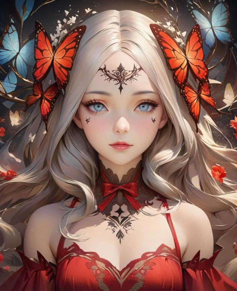 A close-up realistic and artistic portrait painting of a fairy she has a long vibrant sky blue wavy hair styled in loose curls with bangs framing her forehead, adorned with a red floral bow, serene and contemplative expression, next to her right eye there is a small detailed butterfly wing tattoo, featuring intricate black and white patterns with sparkling accents and fine lines resembling veins, The tattoo, consists of delicate black lines forming the wings, with small white dots representing scales. Small white decorative elements resembling flowers, arrows, or tiny branches extend from the wings, creating a sense of depth, wearing a red dress with off-the-shoulder sleeves featuring white lace trim and ruffles with intricate designs, A ribbon is tied into a bow at the center front of the dress, which has a deep V-neckline., Her expression is calm and gentle The scene is set in an elegant room with walls and a matching curtain featuring subtle butterfly design, The lighting is soft and even, highlighting the subject's facial ,The overall composition is centered and balanced, creating a whimsical, enchanting, and inviting mood, 8k, photorealistic, trending on ArtStation .by Galr Dfh