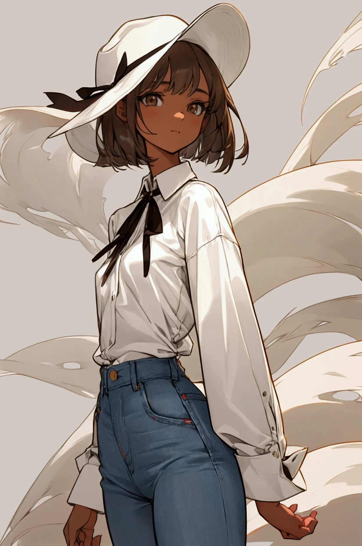 a painting of a young woman, soft thighs, small breasts, slim figure, regular sized brown eyes, light skin, wearing casual cloth...