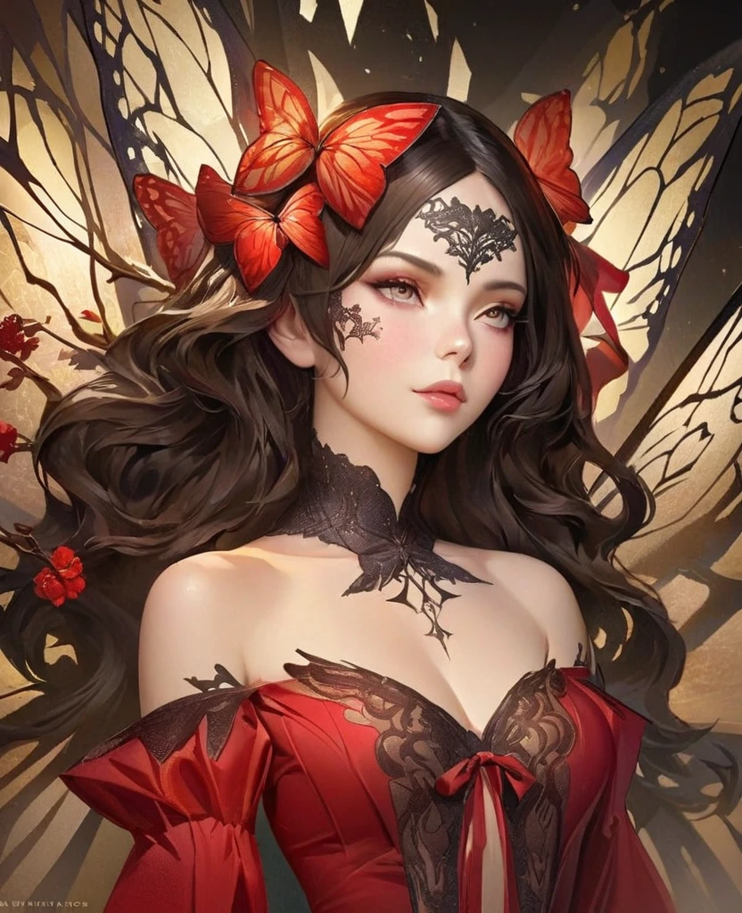 A close-up realistic and artistic portrait painting of a fairy she has a long vibrant sky blue wavy hair styled in loose curls with bangs framing her forehead, adorned with a red floral bow, gig tits sexy sensual all black serene and contemplative expression, next to her right eye there is a small detailed butterfly wing tattoo, featuring intricate black and white patterns with sparkling accents and fine lines resembling veins, The tattoo, consists of delicate black lines forming the wings, with small white dots representing scales. Small white decorative elements resembling flowers, arrows, or tiny branches extend from the wings, creating a sense of depth, wearing a red dress with off-the-shoulder sleeves featuring white lace trim and ruffles with intricate designs, A ribbon is tied into a bow at the center front of the dress, which has a deep V-neckline., Her expression is calm and gentle The scene is set in an elegant room with walls and a matching curtain featuring subtle butterfly design, The lighting is soft and even, highlighting the subject's facial ,The overall composition is centered and balanced, creating a whimsical, enchanting, and inviting mood, 8k, photorealistic, trending on ArtStation .by Galr Dfh