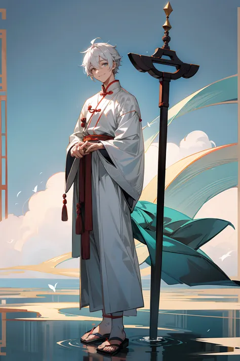 1male, adult, grey colored eyes, white hair, sandals, smile, chinese outfit, standing on pond, staff