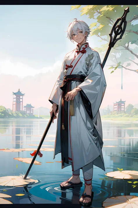 1male, adult, grey colored eyes, white hair, sandals, smile, chinese outfit, standing on pond, staff