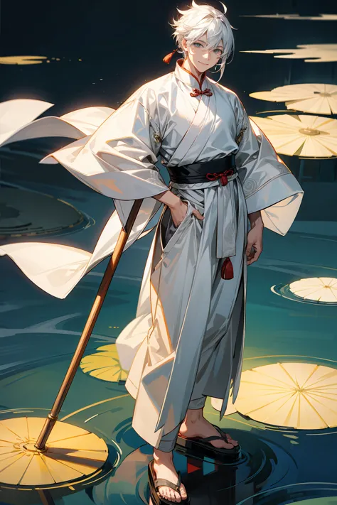 1male, adult, grey colored eyes, white hair, sandals, smile, chinese outfit, standing on pond, staff