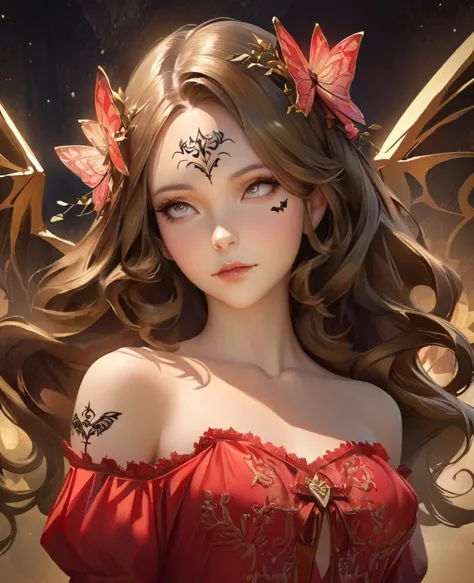 a close-up realistic and artistic portrait painting of a fairy she has a long vibrant sky gold wavy hair styled in loose curls w...