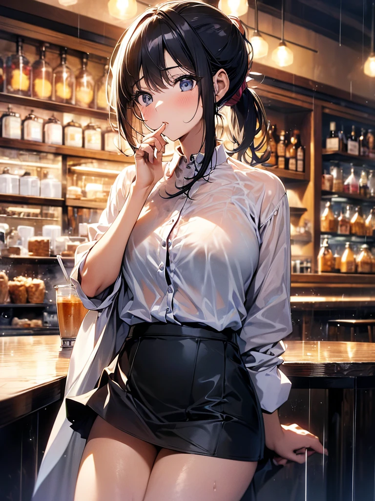 (high res 8K), (absurdres), (high aesthetic), 1 girl, 20 years old , blouse, tight-skirt, ponytail, black hair, cafe in Tokyo, raining, in summer, ice coffee, anatomically correct