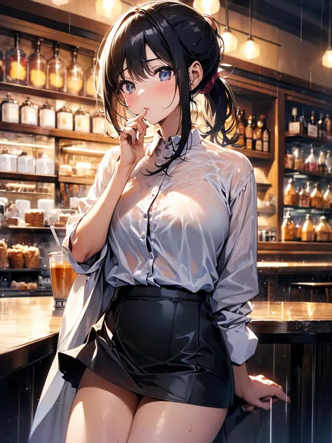 (high res 8k), (absurdres), (high aesthetic), 1 girl, 20 years old , blouse, tight-skirt, ponytail, black hair, cafe in tokyo, r...