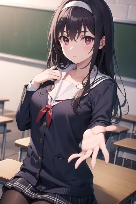 kasumigaokautaha, utaha kasumigaoka, black hair, hairband, long hair, (red eyes:1.5), 
break long sleeves, school uniform, skirt...