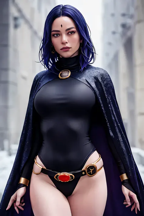 1girl, cowboy shot of rvn, hotraven, pale skin, black leotard, turtleneck, tights, cape, glowing eyes, gold belt, jewels, medall...