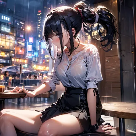 (high res 8k), (absurdres), (high aesthetic), 1 girl, 20 years old , sitting, blouse, tight-skirt, ponytail, black hair, cafe in...