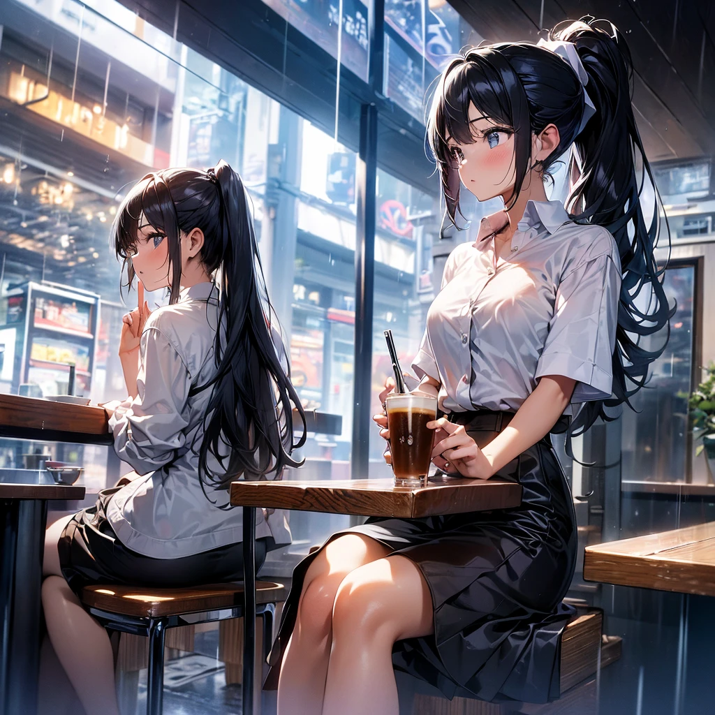 (high res 8K), (absurdres), (high aesthetic), 1 girl, 20 years old , sitting, blouse, tight-skirt, ponytail, black hair, cafe in Tokyo, raining, morning, in summer, looking away, ice coffee, anatomically correct