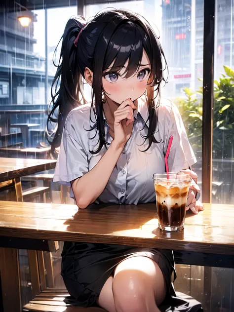 (high res 8k), (absurdres), (high aesthetic), 1 girl, 20 years old , sitting, blouse, tight-skirt, ponytail, black hair, cafe in...