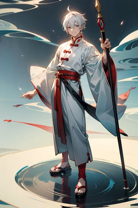 1male, adult, grey colored eyes, white hair, sandals, smile, chinese outfit, standing on pond, staff