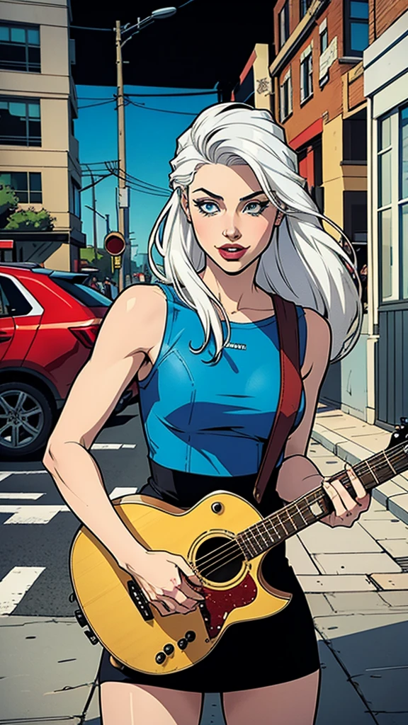 comic book style woman, very beautiful, white hair, Body cute, on the street with guitar.