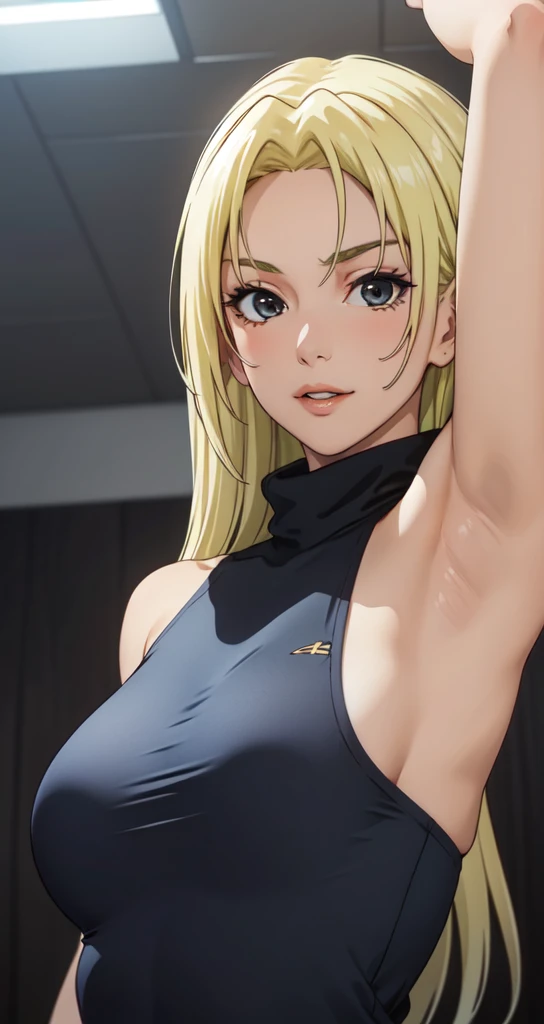 YukiTsukumo, 1girl, AS-Adult, blonde, long hair, female focus, solo, sleeveless turtleneck, facing viewer, arms up, detailed armpits