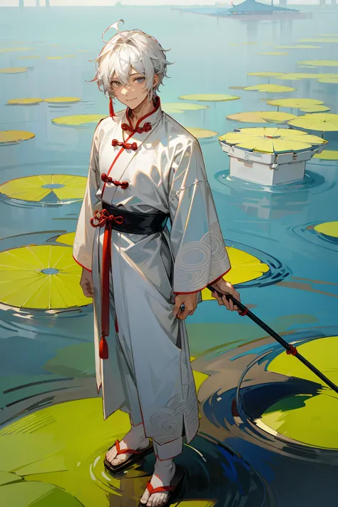 1male, adult, grey colored eyes, white hair, sandals, smile, chinese outfit, standing on pond, staff