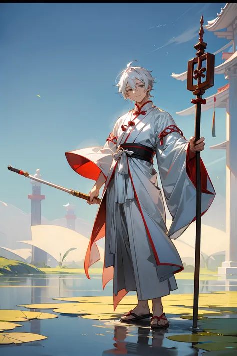 1male, adult, grey colored eyes, white hair, sandals, smile, chinese outfit, standing on pond, staff