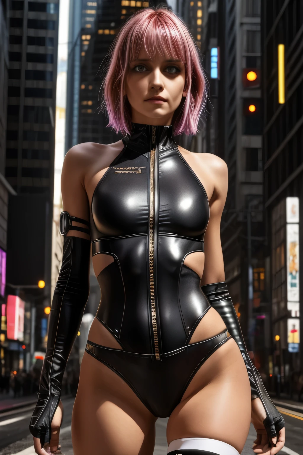 (extremely detailed CG unity 8k wallpaper), (ultra-detailed), masterpiece, best quality, lucy (cyberpunk), bodysuit, solo, breasts, cyberpunk city, multicolored hair, short hair, looking at viewer, medium breasts, black bodysuit, grey eyes, hip vent, clothing cutout, thigh gap, covered navel, white jacket, bare shoulders, short shorts, couch,