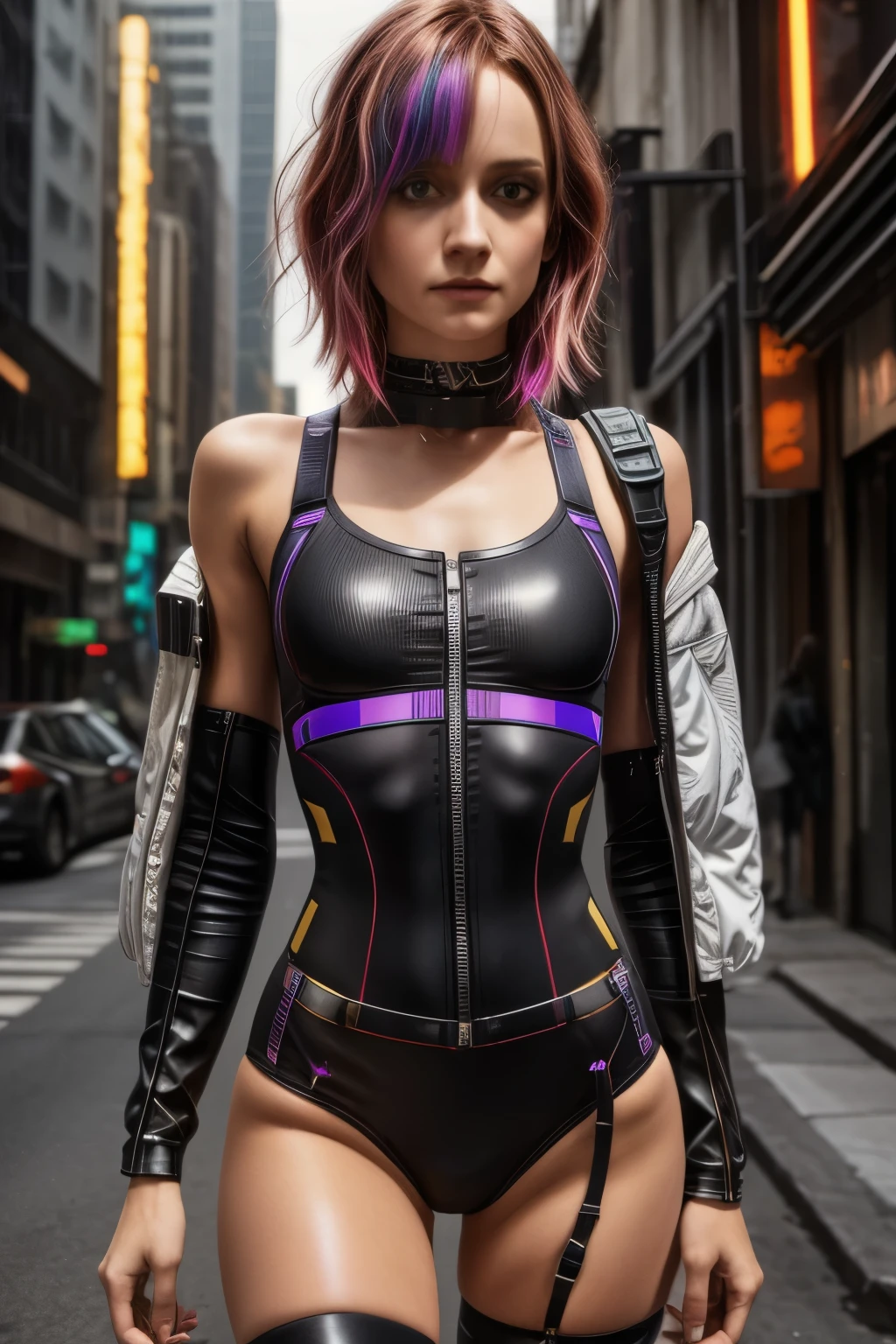 (extremely detailed CG unity 8k wallpaper), (ultra-detailed), masterpiece, best quality, boy, (cyberpunk), bodysuit, solo, breasts, cyberpunk city, multicolored hair, short hair, looking at viewer, medium breasts, black bodysuit, grey eyes, hip vent, clothing cutout, thigh gap, covered navel, white jacket, bare shoulders, short shorts, couch,