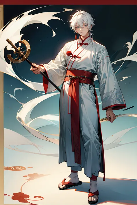 1male, adult, grey colored eyes, white hair, sandals, smile, chinese outfit, standing on pond, staff, chinese calligraphy