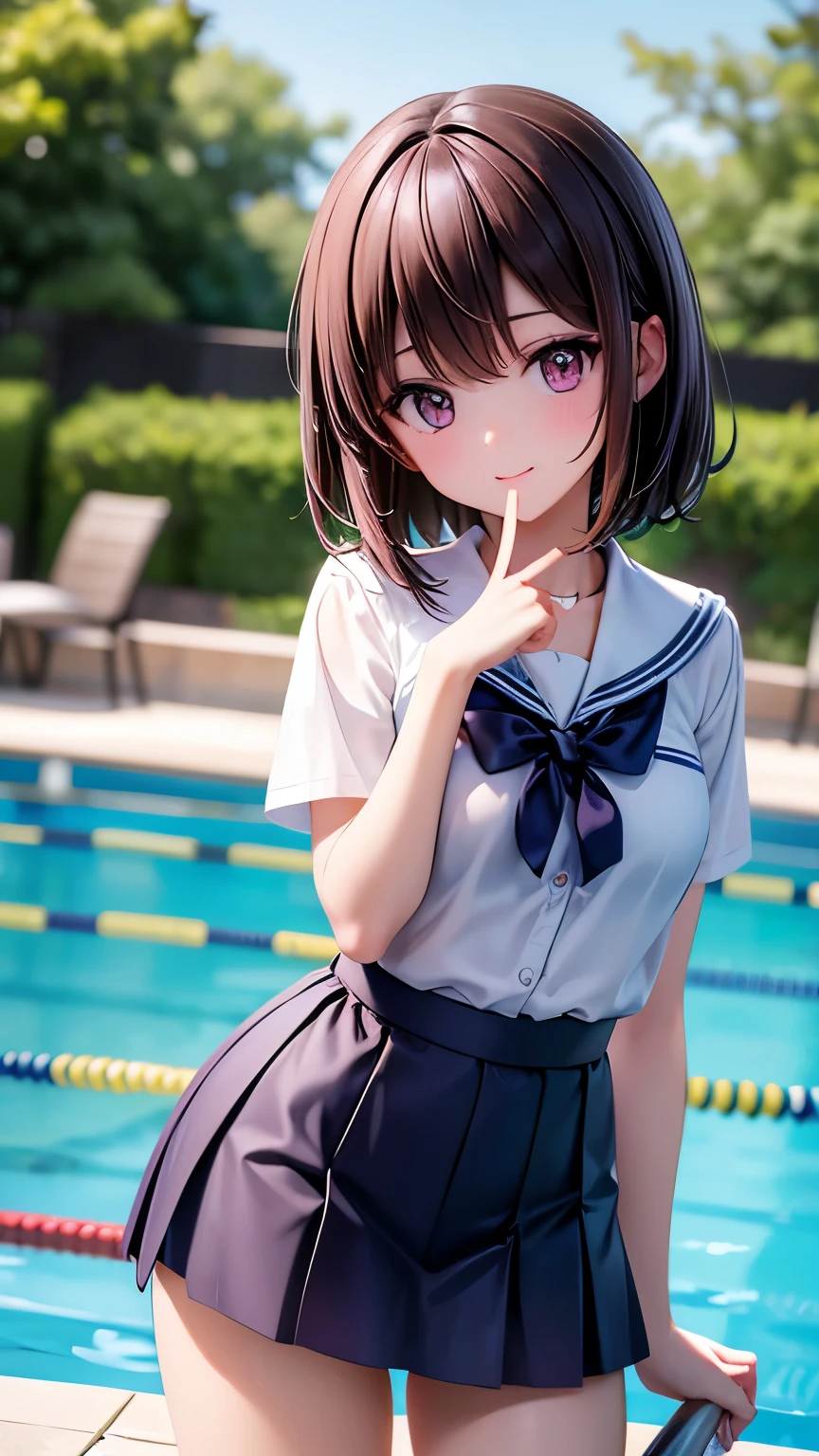 (4K,masterpiece,Highest quality),Cowboy Shot,Buckshot,(At the school pool),(Simple Background),short hair,Medium Hair,Long Hair,Brown Hair,Detailed face,A light smile,shy,(All pages (Two Japanese women)),(3):1.2,Slender body,Detailed skin,Beautiful Eyes,Mid-chest,Beautiful Hips,(Summer school uniform、Short skirt),Lean forward,Recall,Stick your butt out,